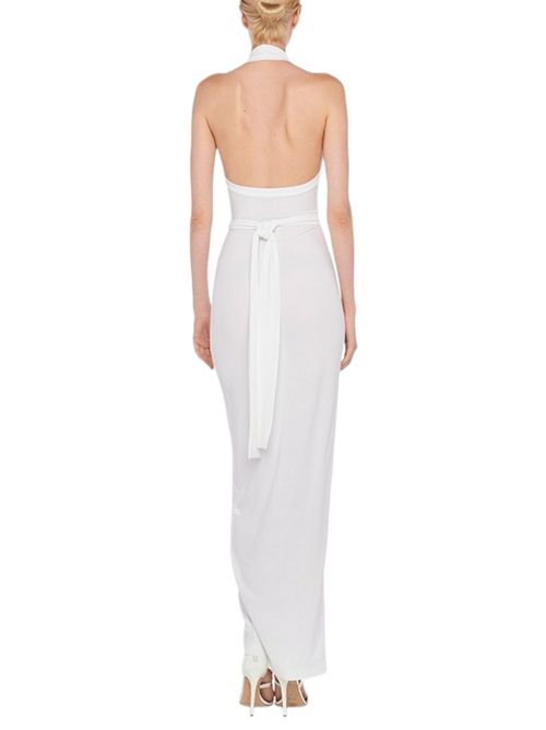 Long sleeveless white jersey women's dress with sash Norma Kamali | ST1243HPD51944SNOW WHITE